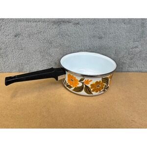 Vintage JMP Capri Spain Enamel Saucepan Yellow Orange Floral Retro 70s MCM Pot